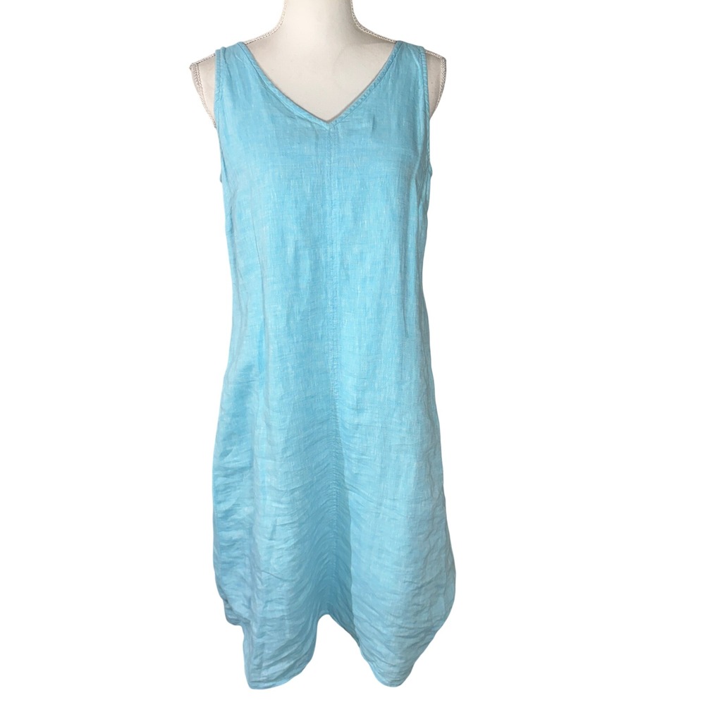 Talbots Petite Blue Linen V-Neck Sleeveless Shift Dress Size 6P Classic Summer